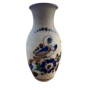 Hand-Painted Tonala Vase Floral Bird Design 10" Tall Home Décor